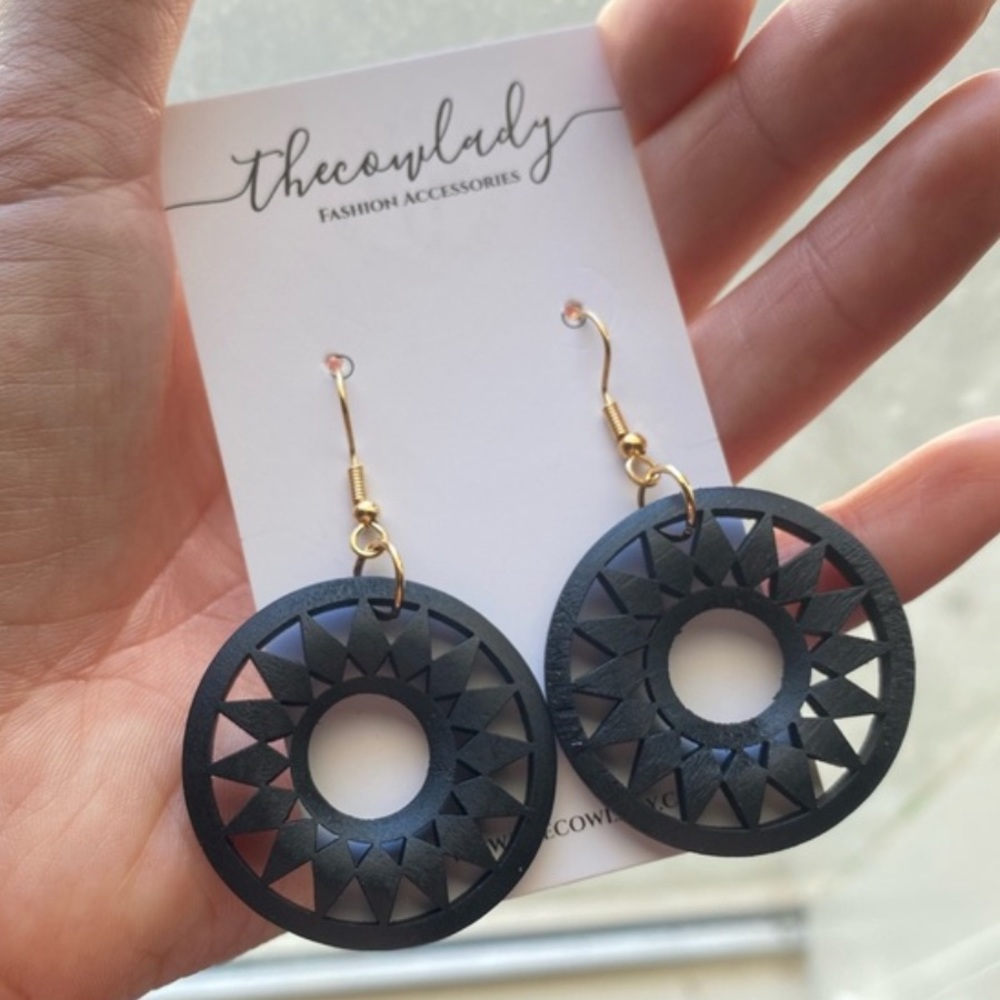 Round Black Hoop Geometric Wood Laser Cut Bohemian Drop Down Earrings NEW